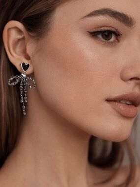 Black Heart Bow Rhinestone Drop Earrings Designer Inspired